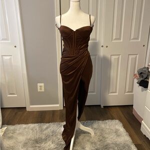 Brown Ruched Bustier Maxi Dress with Front Slit